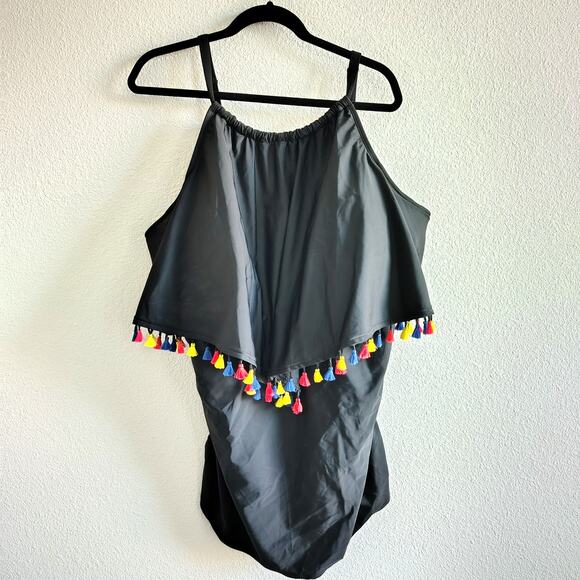 Swim by Cacique Plus Size 28 Black Multicolor Tassel Pom Pom Tankini Top Flowy - Picture 1 of 6